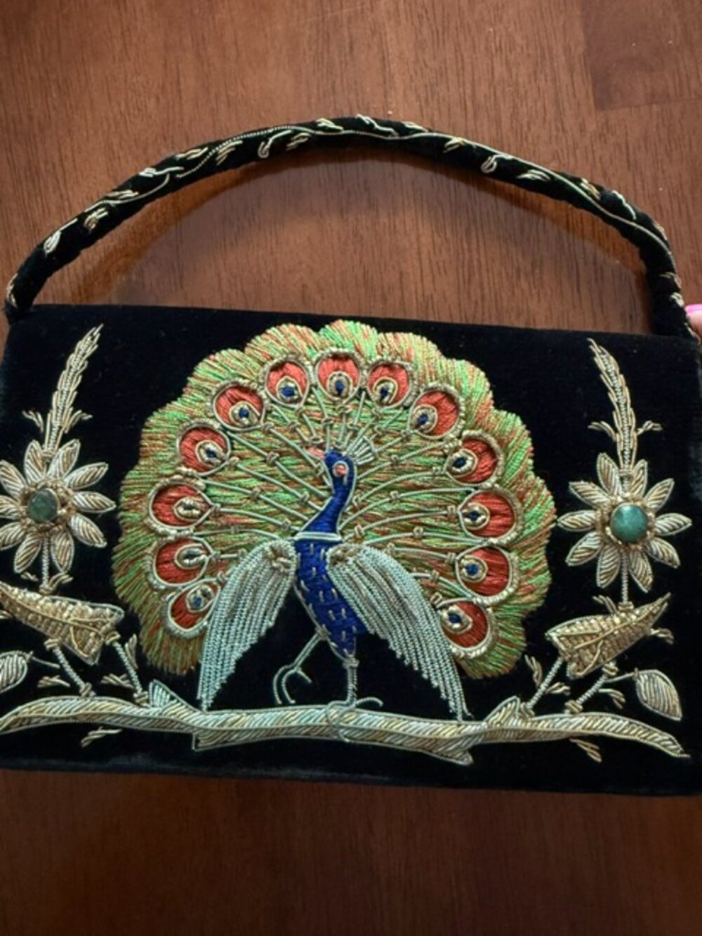 Vintage 1970s Indian Zardozi Hand-Embroidered Peacock Black Velvet Clutch Evenin